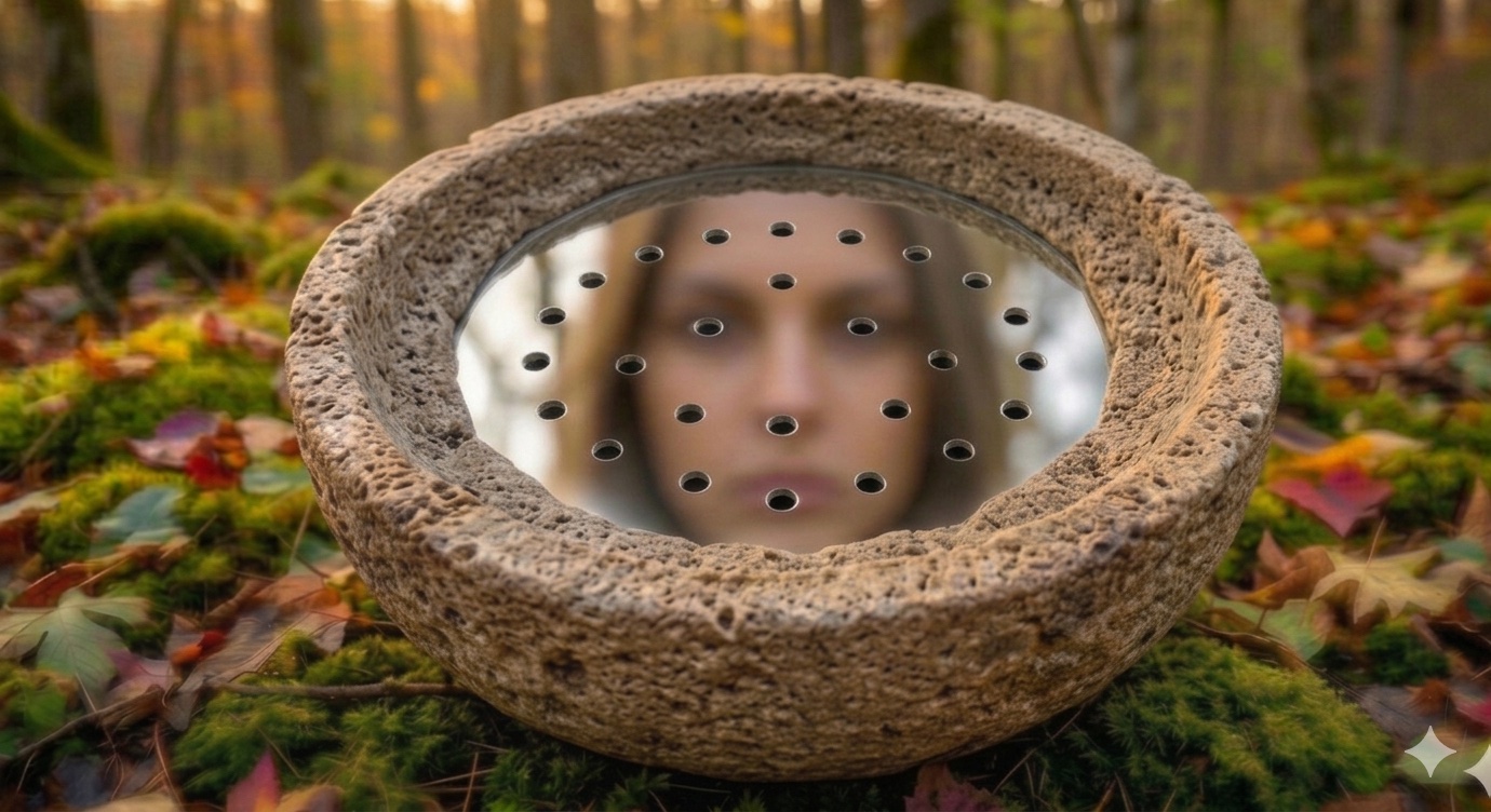 A fossil-stone bowl set into a mossy autumn forest floor; a convex mirror behind a field of drilled holes returns a soft, blurred human face.